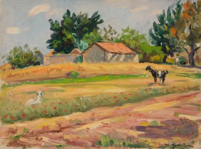 Nea Filadelfeia Landscape with Goats — Oil painting, Canvas, 30.00×40.00cm — Theodoros Markellos